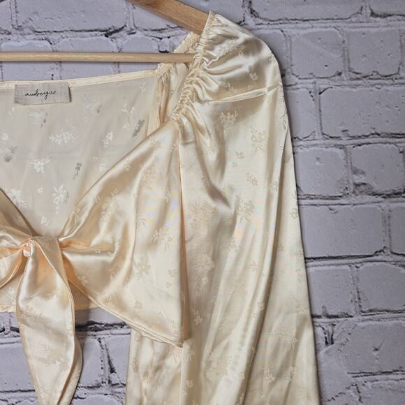 Audrey 3 1 Silky Chinoiserie Chinese Floral Pattern Balloon Sleeve Crop Top Sm - Picture 4 of 10